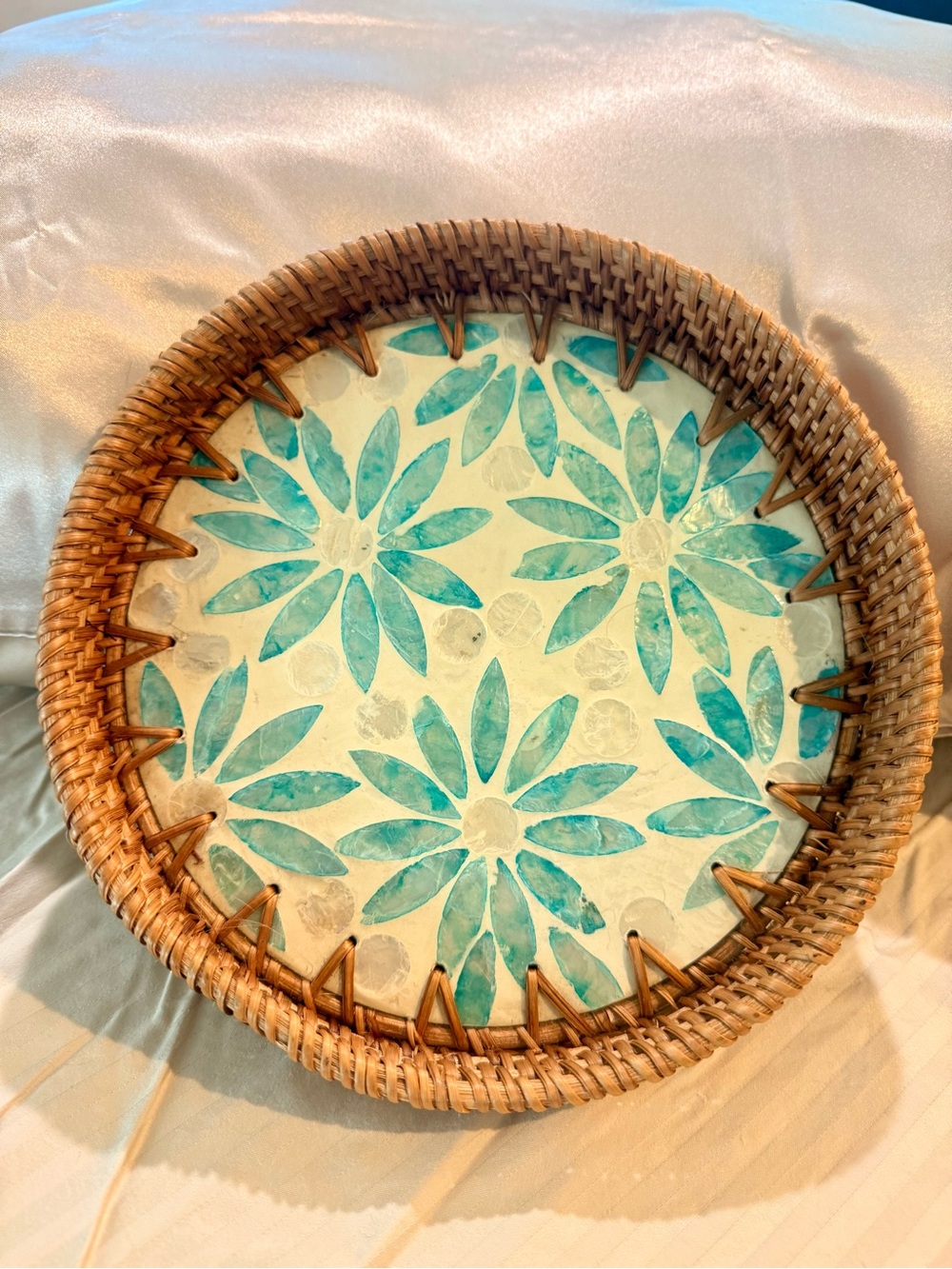Woven Rattan Catchall Tray Turquoise Blue Floral Shell Inlay Boho Coastal Decor